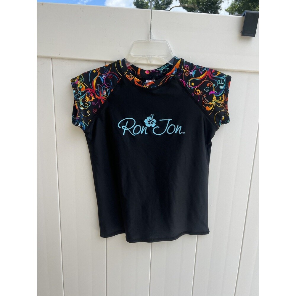Ron Jon Surf Shop Rash Guard Top Girls Size 14 Black Floral SPF Compression